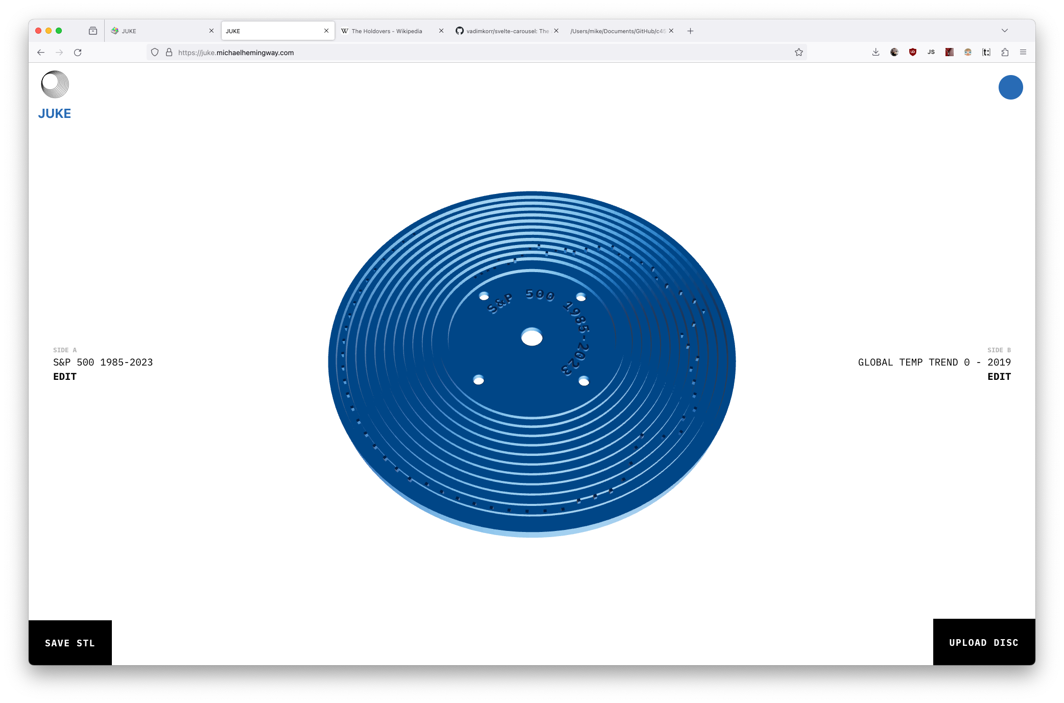 Main app interface, showing a spinning blue disk on a white background, light theme