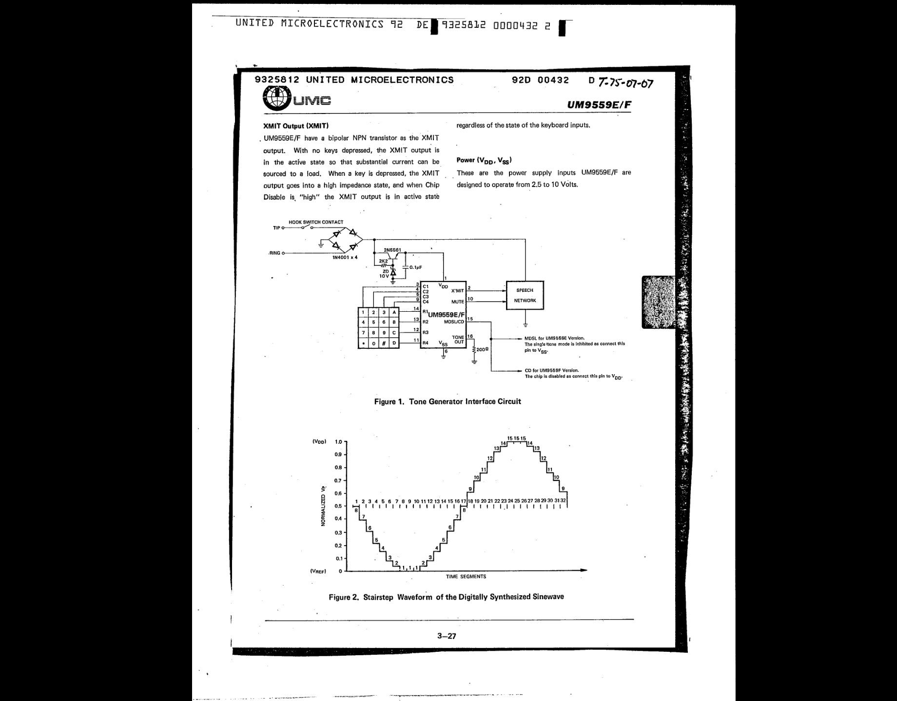 UM9559E Datasheet, page 3, describing the tone generator function