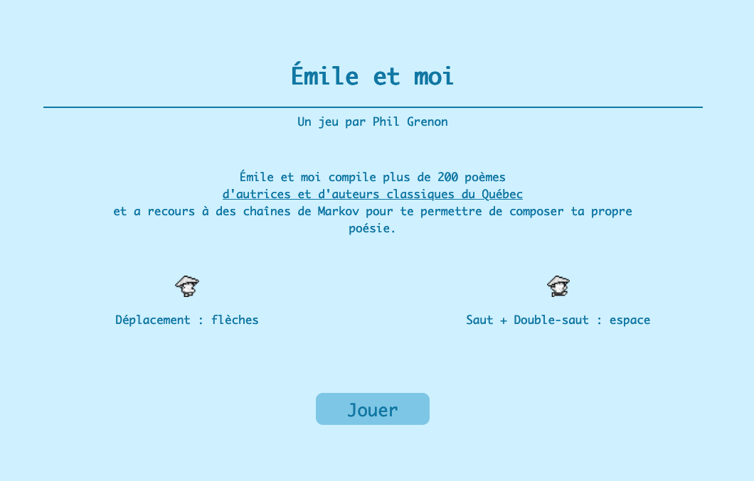 a screenshot of emile et moi, a poetry platforming game that tweets after you compose a poem via platforming mechanics. Image text is French.