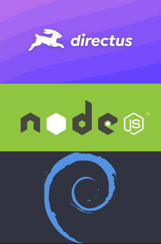 a combo graphic of the directus, nodejs, and Debian Linux logos